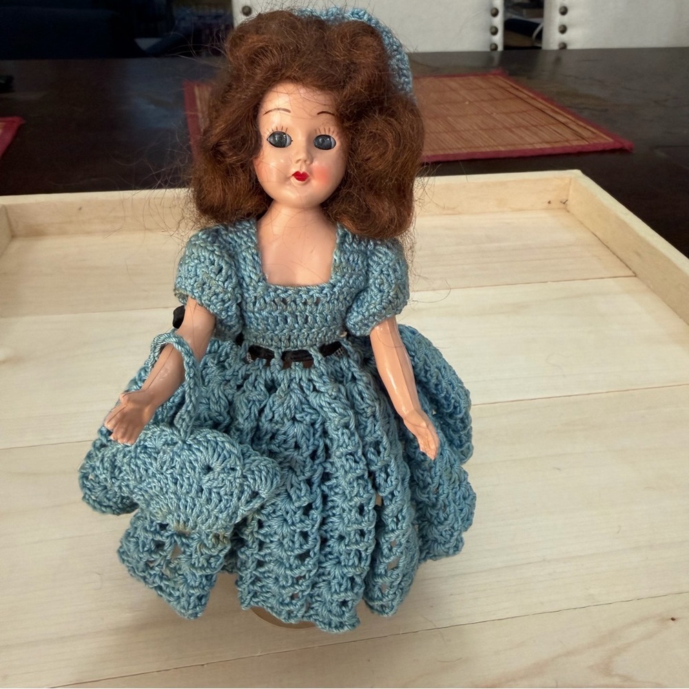 Handmade Crochet Blue Doll Dress Set for Kids Toys